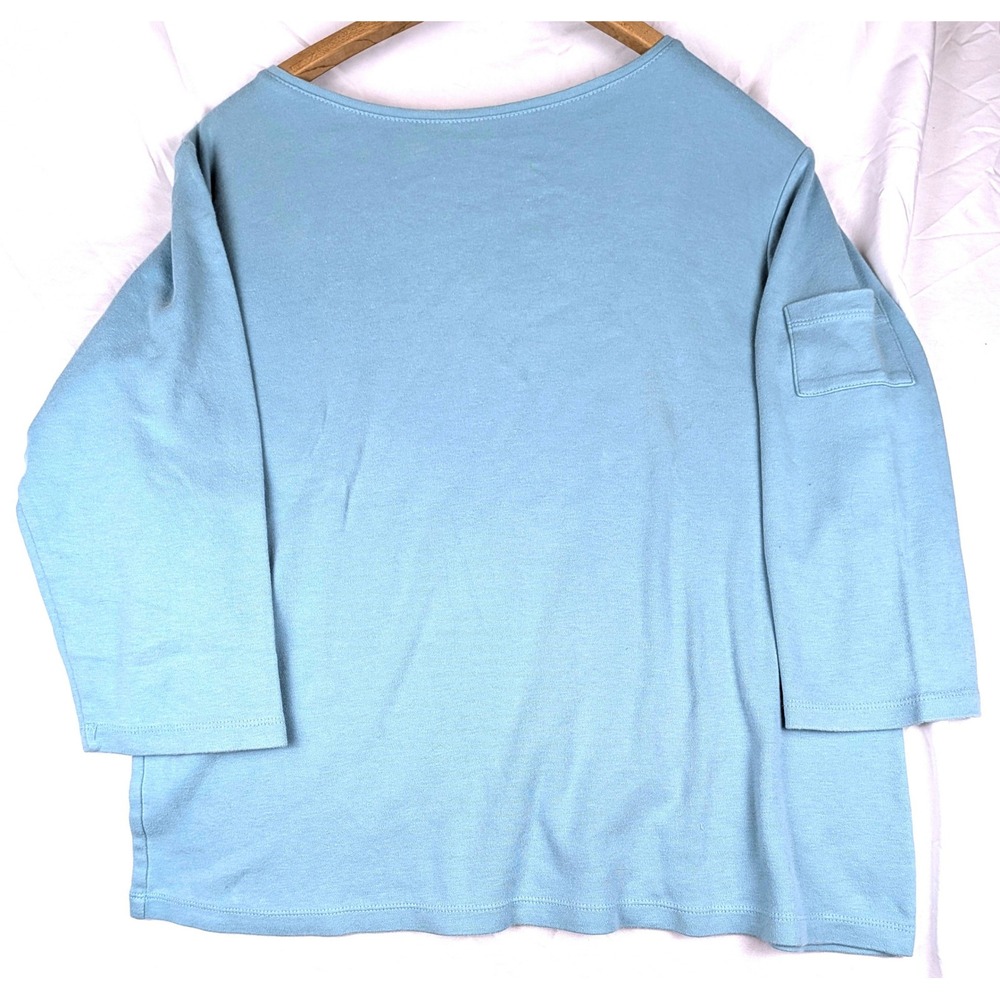 Coldwater Creek Womens L Light Blue Cotton Boat Neck 3/4 Sleeve Top Arm Pocket